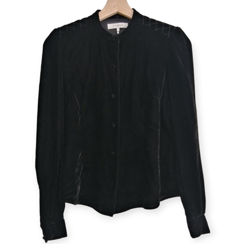 Frame Velvet Silk Blend Black Button Up Blouse Quilted Puff Shoulder XS
